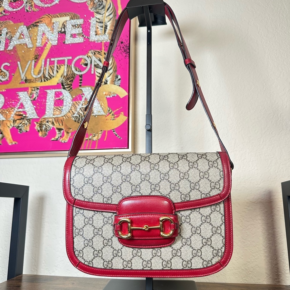 Authentic Gucci 1955 Horsebit GG Supreme Shoulder Bag with Red Leather Trim